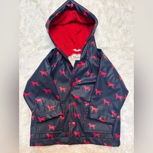 Hatley Terry Lined Dog Pattern Rain Jacket in navy with red dogs